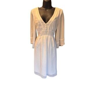 Tulle Womens Ivory V-Neck Dress With Belt & Button Detail 3/4 Sleeves - L